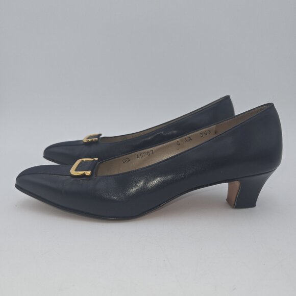 Salvatore Ferragamo Vara Pumps Navy Blue Leather 6 AA Gold Buckle Made Italy VTG - Picture 4 of 12